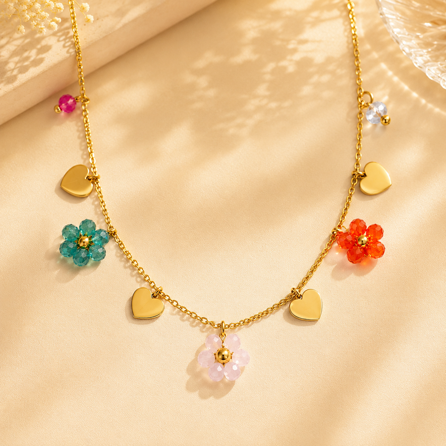 Ravnoir Fiora Necklace with crystal flowers and gold heart charms
